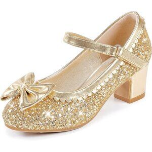 Girls Gold Sequins Cute Bow-knot Sparkle Mary Jane Flower Wedding Dress Shoes